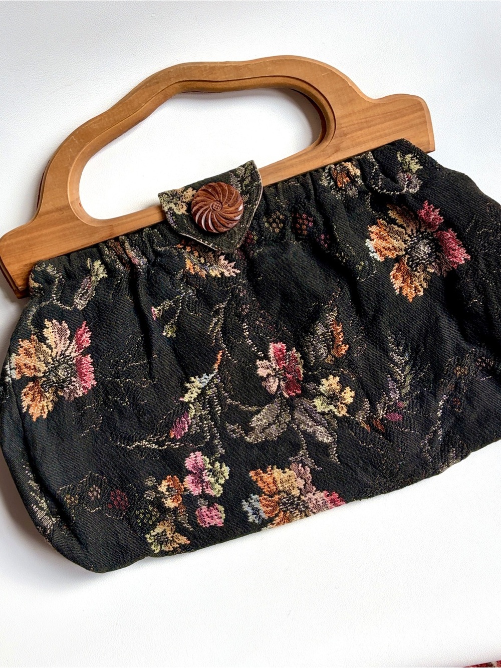 Vintage Tapestry Bag Wood Handled Sewing Basket Floral Brocade Purse Carpet Bag
